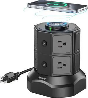 SUPERDANNY Power Strip Tower with 15W Wireless Charger, 6.5Ft Extension Cord with Multiple Outlets, 1050J Surge Protector Charging Station 8 AC Outlets 4 USB Ports (2 USB C) for Home Office, Black