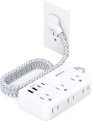 Power Strip Extension Cord - 6 Outlets and 4 USB (2 USB C), 5Ft Braided Cord with Ultra Thin Flat Plug, Wall Mount, Overload Protection, Compact for Travel, Cruise Ship, and Dorm Room Essentials