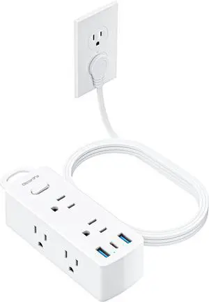 Power Strip Surge Protector, Olcorife Ultra Thin Flat Plug Extension Cord 5ft, 6 Outlets 3 USB Ports(1 USB C), 3 Sided Outlet Extender for Home Office Travel Dorm Room Essentials, White