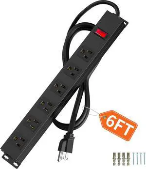 6 Outlets Metal Power Strip, Wall Mount Heavy Duty Power Outlet with Switch, Aluminum Alloy House, 14AWG Power Cord, 15A 125V 1875W, Black (6 FT)