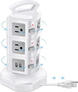 10-Outlet Power Strip Tower | Outlet Expander | Retractable Extension Cord with 4 USB Ports | Multi Plug Surge Protector for Multiple Devices, Cell Phone, Computer Accessories | Office, Desk Organizer
