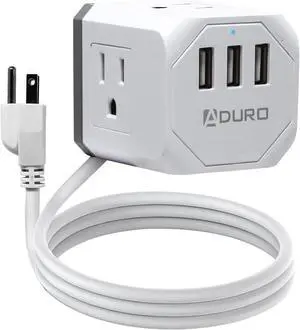 Aduro PowerUp Square Multiple Plugs & USB Power Strip with 3 USB Ports + 3 AC Plug Outlets, White/Grey
