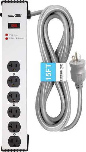 Digital Energy 20 Amp 6-20/T- Slot Plug | 15-Ft Cord - 900 Joule Surge Protector | 6-Outlet, Heavy Duty Steel Body Power Strip