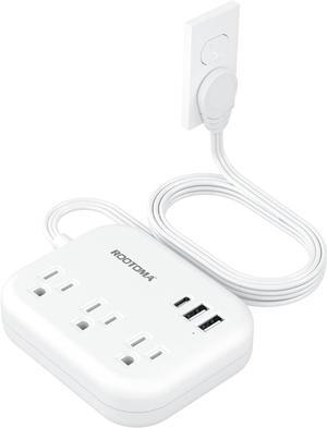 Flat Extension Cord 5 FT Behind Furniture-Ultra Slim Cord Under Carpet, Rug, Door, Long Extension Cord with 3 USB 3 Outlets, Low Profile Extension Cord for Travel Office Indoor, 1080 Joules Protected
