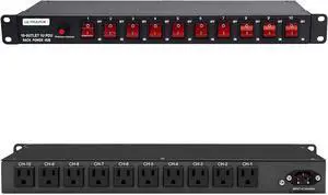10-Outlet 1U Horizontal PDU Rack Mount Power Strip - Surge Protector,100-240V/15A/1800 Joules,for Network Servers,Power Conditioner with 10 Individual Switches and 6 ft Power Cord
