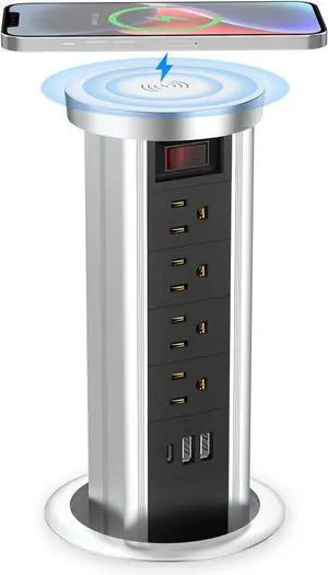 BTU Pop Up Outlet for Countertop, Receptacle Power Strip with USB C & 4 AC Outlet, Pull Popup Outlet Recessed Power Socket with 10W Wireless Charger for Kitchen Conference Office