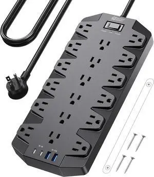 Surge Protector Power Strip 18 AC Outlets with 4 USB Ports 1875W/15A 2100J 6.5FT Flat Plug Heavy Duty Extension Cord with Wall Mount Holes for Home Office Gaming Room Dorm Black