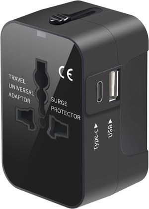 Travel Adapter, Worldwide All in One Universal Travel Adaptor AC Power Plug Adapter Wall Charger with USB-C and USB-A Charging Ports for USA EU UK AUS Black