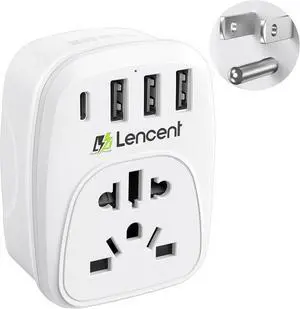 LENCENT World to US Plug Adapter with 3 USB & 1 PD Type-c Quick Fast Charger Ports, Type B European EU Europe/UK/Australia/China to USA American Canada Japan Outlet Power Adaptor Travel Plug Converter