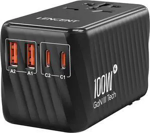 LENCENT Universal Travel Adapter, 100W GaN International Fast Charger with 2 PD3.0 Type C+2 QC USB A, Worldwide Power Adaptor for Phones,Laptops, All in One Travel Essentials for EU/USA/UK/AU, Black