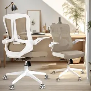 Home Office Chair, Ergonomic High Back Comfy Desk Chairs Adjustable Headrest and Flip-up Armrest Lumbar, Swivel Tilt Function Backrest Computer Chair,PU Rolling Wheels Capacity 350LBS (Khaki)