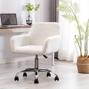 HomVent Faux Fur Home Office Chair for Women Girl, Modern Accent Chair Furry Makeup Desk Chairs with Rolling Wheels Armrest for Living Room Bedroom Office Vanity White