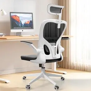 Ergonomic Office Chair, High Back Mesh Computer Desk Chair with Flip-up Arms, Adjustable Lumbar Support & Headrest, Swivel Rolling Task Chair for Home Office, Bedroom, Study, College DormWhite&Black