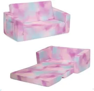 Delta Children Cozee 2-in-1 Extra Wide Convertible Sofa to Lounger-Comfy Flip Open Couch/Sleeper for Kids, Pink Tie Dye