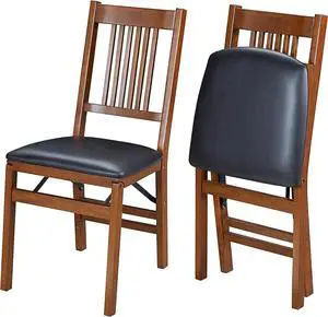 MECO Stakmore True Mission Wooden Folding Chairs with Padded Seats, Set of 2 - No Assembly Foldable Dining Chairs, Steel Folding Mechanism, Upholstered Cushion, Space-Saving, Fruitwood Frame