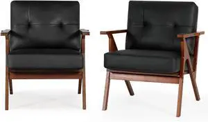 AODAILIHB Accent Chairs Set of 2, Mid Century Modern Accent Chairs, Retro Wood and Leather Armchairs, Lounge Reading Comfy Arm Chair for Living Room, Bedroom, Studio, Office (2, Black)