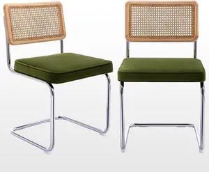 Zesthouse Natural Rattan Dining Chairs Set of 2, Olive Green Modern Kitchen Chairs with Solid Wood Back & Chrome Base, Mid Century Breuer Design Inspired, Upholstered Velvet Fabric