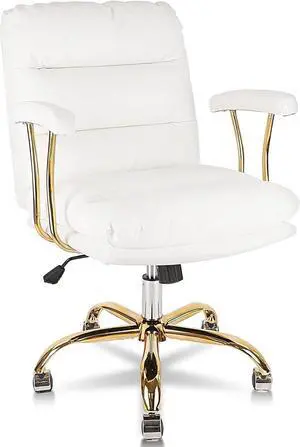 Ergonomic Office Desk Chair with Wheels and Arms, Faux Leather Computer Chair for Home Bedroom Office, White Chair Gold Caster Capacity up to 300lb