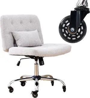 Criss Cross Chair with Rubber Wheels, Armless Office Desk Chair with Lumbar Pillow, Wide Comfy Vanity Rolling Swivel Modern Comfortable Fabric Computer Task Chairs for Home Office (Grey)