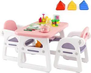 Lestarain Children’s Table And Chair Set With Storage Kids Desk With 2 Chairs Reversible Tabletop Blackboard Paper Roll, For Toddler, Nursery