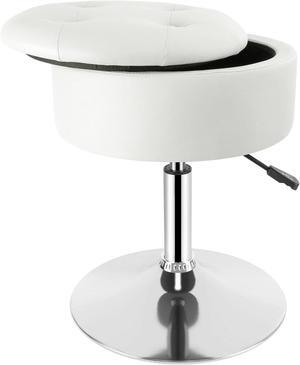 Vanity Stool with Storage, Makeup Room Seat Chair, Adjustable Height 17.9" to 24.4", PU Leather Round Vanity Chair with Removable Tray, Bathroom, Bedroom, Office, 360° Swivel Stool, White