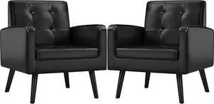 Yaheetech Mid-Century Accent Chairs, PU Leather Modern Upholstered Living Room Chair, Cozy Armchair Button Tufted Back and Wood Legs for Bedroom/Office/Cafe Black 2PCS