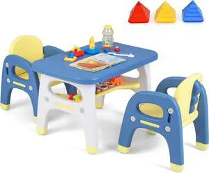 Costzon Kids Table and Chair Set w/Montessori Toys, Kids Activity Table w/Storage Shelf, Building Blocks, Cute Dinosaur Shape Chair, Easy to Clean, Preschool, Kindergarten (Table and 2 Chairs)