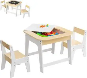 Costzon Kids Table and Chair Set, 3-in-1 Wooden Activity Table with Removable Tabletop, Blackboard & Whiteboard, Storage Space for Arts Crafts Nursery Preschool, Toddler Table and Chairs (Natural)