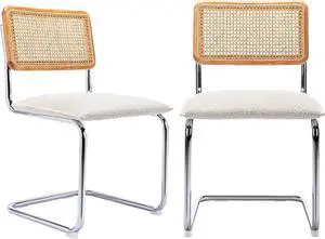 ONEVOG Upholstered Boucle Dining Chairs Set of 2, Sturdy Rubber Wood Frame Cane Chairs, Comfy Kitchen Chairs with Natural Cane Back, Stainless Chrome Base for Dining Room, Club, Waiting Room