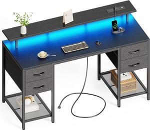 Huuger 55 inch Computer Desk with 4 Drawers, Gaming Desk with LED Lights & Power Outlets, Home Office Desk with Large Storage Space for Bedroom, Work from Home, Black