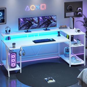 SEDETA White Gaming Desk 70.8'' with LED Lights and Storage Shelves, Computer Desk with Monitor Stand, Power Outlets and Cup Holder, Large PC Gamer Desk, Gaming Table for Bedroom, Living Room