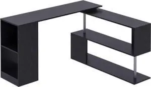 HOMCOM 55" 360° Rotating Corner Computer Desk Modern L-Shaped Home Office Workstation with 3-Tier Storage Shelves, Bookshelf, Black