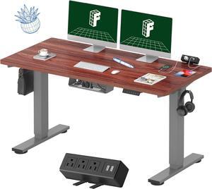 FLEXISPOT EN2 Whole-Piece Standing Desk with Clamp Power Strip, 55 x 28 Electric Stand Up Height Adjustable Desk with Cable Management (Gray Frame + 55" Mahogany Top, 2 Packages)