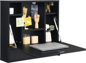 Tangkula Pneumatic Floating Desk - Wall Mounted Laptop Desk with Magnetic Foldable Tabletop, Space Saving Table with Storage Drawer and Shelves (Black)
