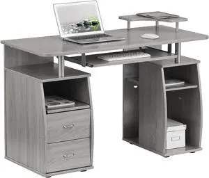 Techni Mobili 47" Computer Desk with Drawers and Storage, Office Desk with Printer Shelf, Pull Out Shelf and Keyboard Tray, Computer Workstation, Grey