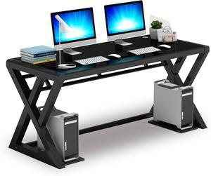 IPKIG Glass Computer Desk, Modern Computer Desk with Carbon Steel Frame and Glass Top, Home Office Desks Computer Table Study Writing Desk Workstation for Living Room (Black, 55.1 Inch)