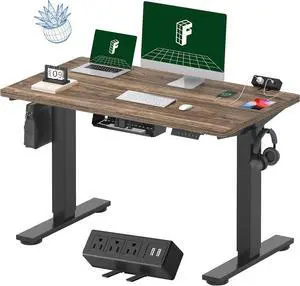 FLEXISPOT EN2 Whole-Piece Standing Desk with Clamp Power Strip, 48 x 24 Electric Stand Up Height Adjustable Desk with Cable Management (Black Frame + 48" Brown Wood Grain Desktop, 2 Packages)