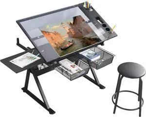 LifeSky Drafting Table Adjustable for Artists - Art Drawing Desk with Storage for Painting Sketching - Glass Top for Painters Illustrators Cartoonists Black
