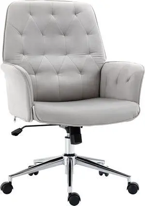 Vinsetto Velvet Home Office Chair, Tufted Height Adjustable Computer Desk Chair with Swivel Wheels and Padded Armrests, Light Gray