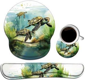 Keyboard Wrist Rest and Mouse Pad Wrist Support Set with Coasters, Non-Slip PU Base Ergonomic Gaming Mousepad for Home Office Working Studying Easy Typing & Pain Relief - Sea Turtle
