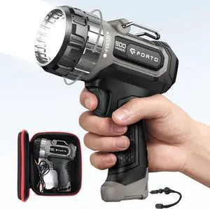 FORTO Compact Rechargeable Spotlight with Adjustable Focus, Handheld Spotlight with Stand, 823m Range, 3 Light Modes and LED Spot Lights Outdoor for Boating Hunting Camping Hiking1400 Lumens