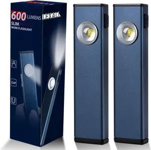 lexall 2 Pack Rechargeable Work Light, 600 Lumens Portable LED Flashlight, Magnetic COB Flat Task Light with Pocket Clip, 3 Modes, Pocket Pen Inspection Light for Repairing, Camping, Hiking, Emergency