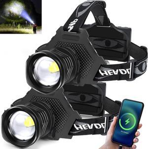Rechargeable LED Headlamp 1080 Lumen, Super Bright Head Lamp Flashlight with 5 Lighting Modes, IPX6 Waterproof, Zoomable Headlight for Camping, Hiking, Fishing, Biking, Running (2 Pack)