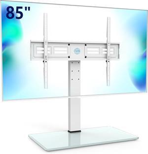 FITUEYES Universal TV Stand with Swivel Mount for 50-85 inch Flat Screens - Height Adjustable Tempered Glass Base Holds up to 143 lbs, White.