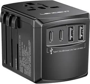 LENCENT Universal Travel Power Adapter, International AC Plug Adaptor with 2 USB C 2 USB A Ports Wall Charger Worldwide Travel Essentials for US to EU UK Ireland Australia (Type C/G/A/I) Black