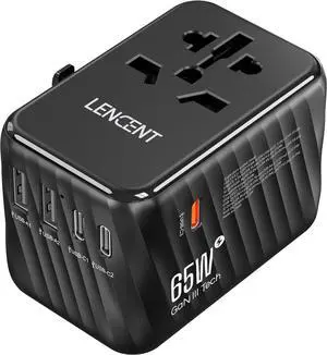 LENCENT International Travel Adapter, 65W GaN3 Universal Fast Charger with 2 USB A + 3 Type C PD, Worldwide Power Adaptor for Phones,Laptops, All in One Travel Essentials for EU/USA/UK/AU, Black