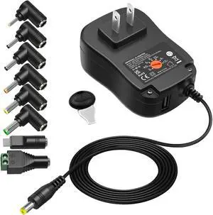 Powseed 36W 3V 4.5V 5V 6V 7.5V 9V 12V 3A DC Power Supply Cord with USB Wall Charger 5V 2A 10W for Phone Security Camera Router Speaker Webcam HUB LED, Universal AC Adapter with 8 Tips Micro USB