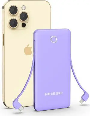 miisso 10000mAh Slim Portable Charger with Built in Cable, Power Bank Travel Charger External Battery Pack for Phone, 4 Output USB Type C Cord Clutch Charger Compatible with iPhone, Purple