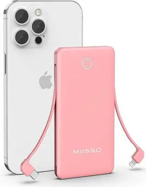 miisso 10000mAh Slim Portable Charger with Built in Cable, Power Bank Travel Charger External Battery Pack for Phone, 4 Output USB Type C Cord Clutch Charger Compatible with iPhone, Light Pink