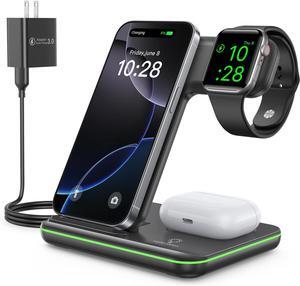 WAITIEE Wireless Charger 3 in 1, 15W Fast Charging Station for Apple Watch 10/9/8/Ultra 2/Ultra/SE/7/6/5/4/3/2, for AirPods 4/3/2/Pro for iPhone 16/15/14/13 /Plus/Pro/Pro Max/12/11(Black)